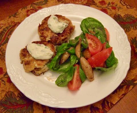 From a Visit to Baltimore, recipes for Maryland Crab Cakes with Basil Aioli and a Basil, Tomato and Potato Salad
