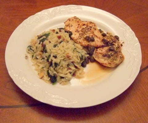 Chicken Paillards with Lemon Caper Sauce and Orzo with Spinach and Hazlenuts