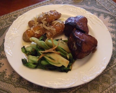 Simple Lamb Chops with two delicious sides: Stir-Fried Bok Choy with Ginger and Parmesan Smashed Potatoes