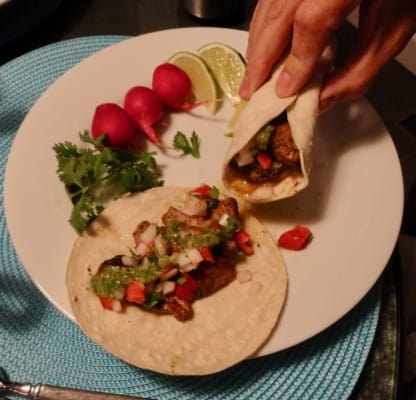 Sizzling Pork Tacos with Tomatillo Salsa and Salsa Crudo adapted from the New York Times