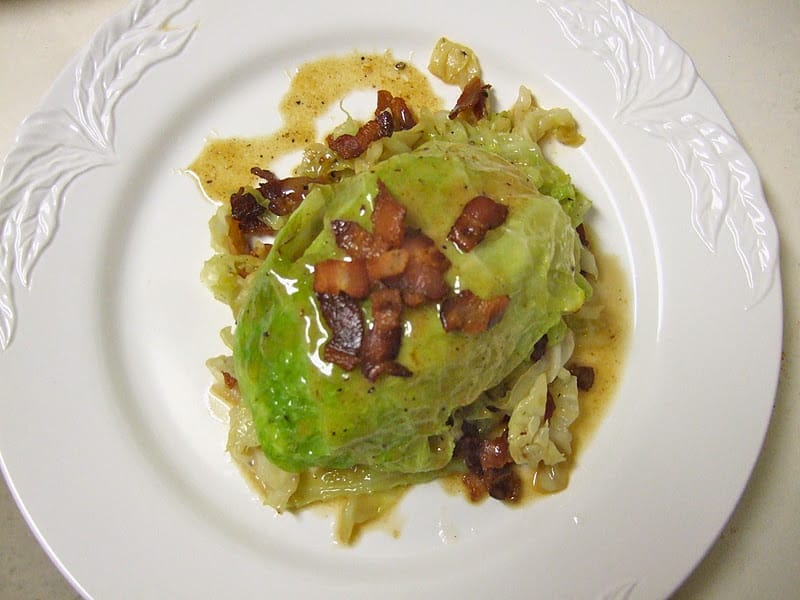 Eric Ripert’s Striped bass in Savoy cabbage with Bacon-Butter sauce