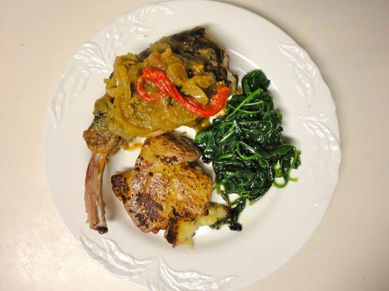 Spicy Pork Chops with Green Chiles, Roasted Red Peppers and Onions
