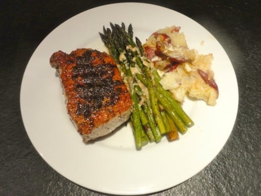 Darina Allen’s Pork Chops with Sage, Ina Garten’s Roasted Asparagus with Parmesan and my own Smashed Potatoes