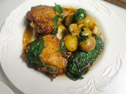 Skillet Lemon Chicken with Spinach and Fingerling Potatoes and Spinach from Nathalie Dupree’s "Mastering the Art of Southern Cooking"