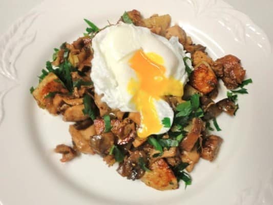 Chicken and Mushroom Hash with Poached Eggs