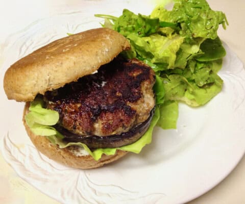 Pork and Portobello Burgers from Mark Bittman in the New York Times