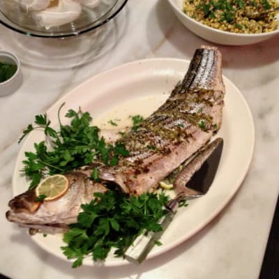 Whole Roasted Striped Bass with Lemon and Mint Chimichurri. An Adventure in Fish Cookery!