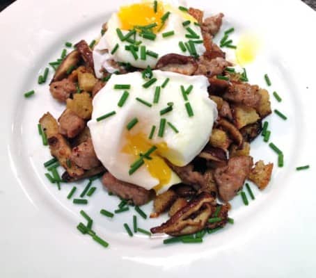 Wild Mushroom and Sausage Hash with Poached Eggs
