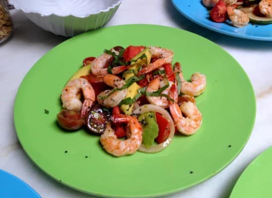 Roasted Shrimp Salad with Heirloom Cherry Tomatoes and Avocado