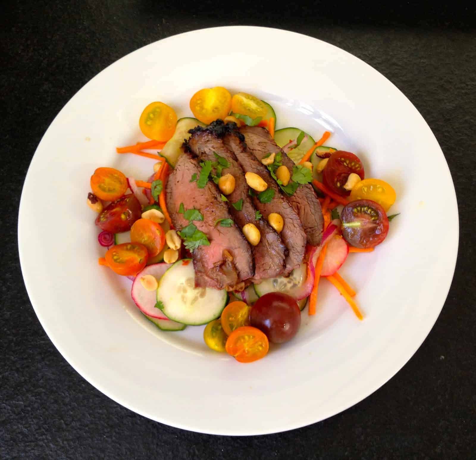 Grilled Sirloin Steak Salad with Seasonal Vegetables and Asian flavors