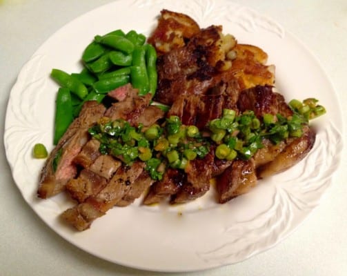 Evan and Sarah Rich’s Grilled Strip Steaks with Green Bean Chimichurri