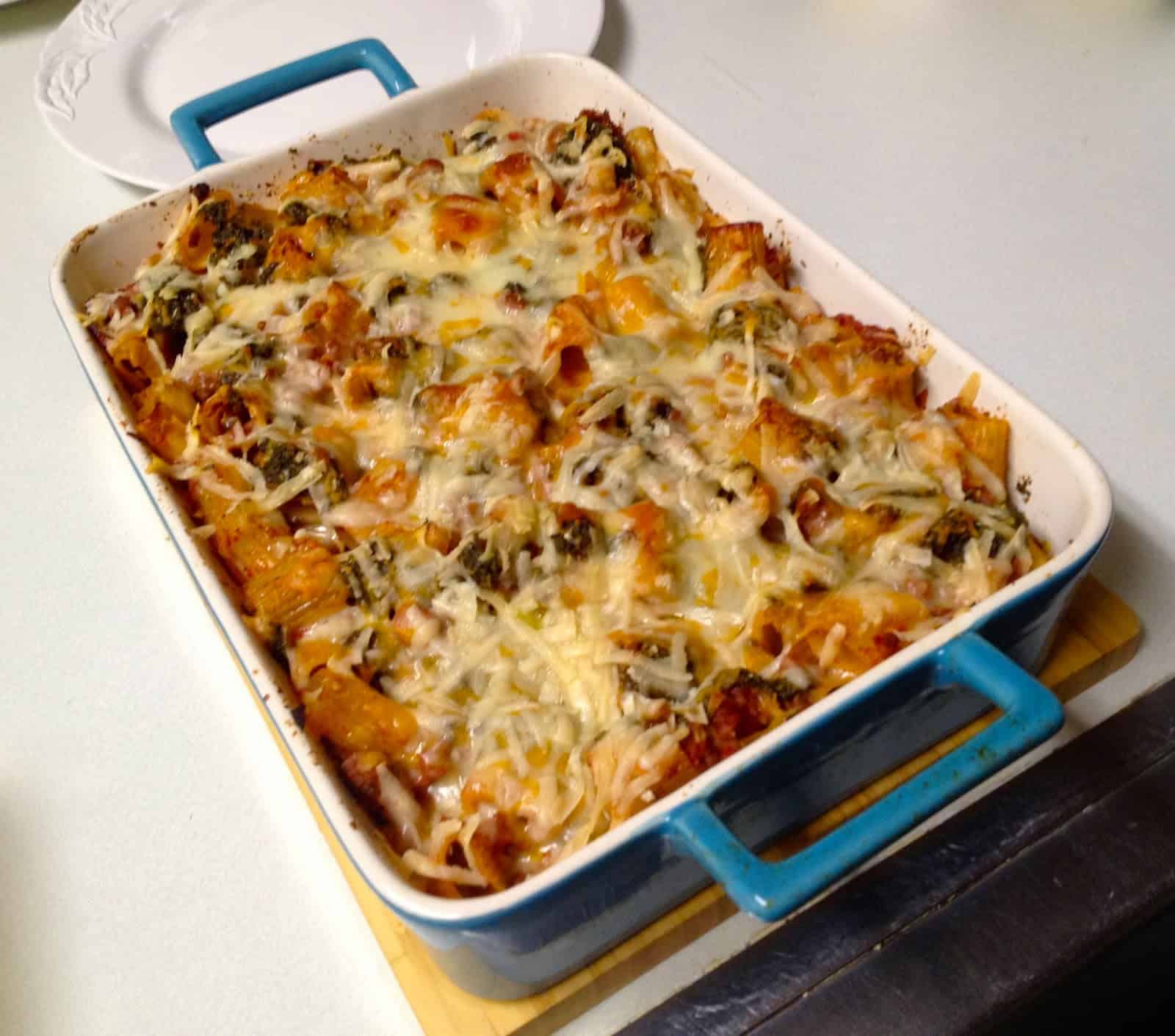 Baked Pasta with Pesto, Cheese and Meat Sauce
