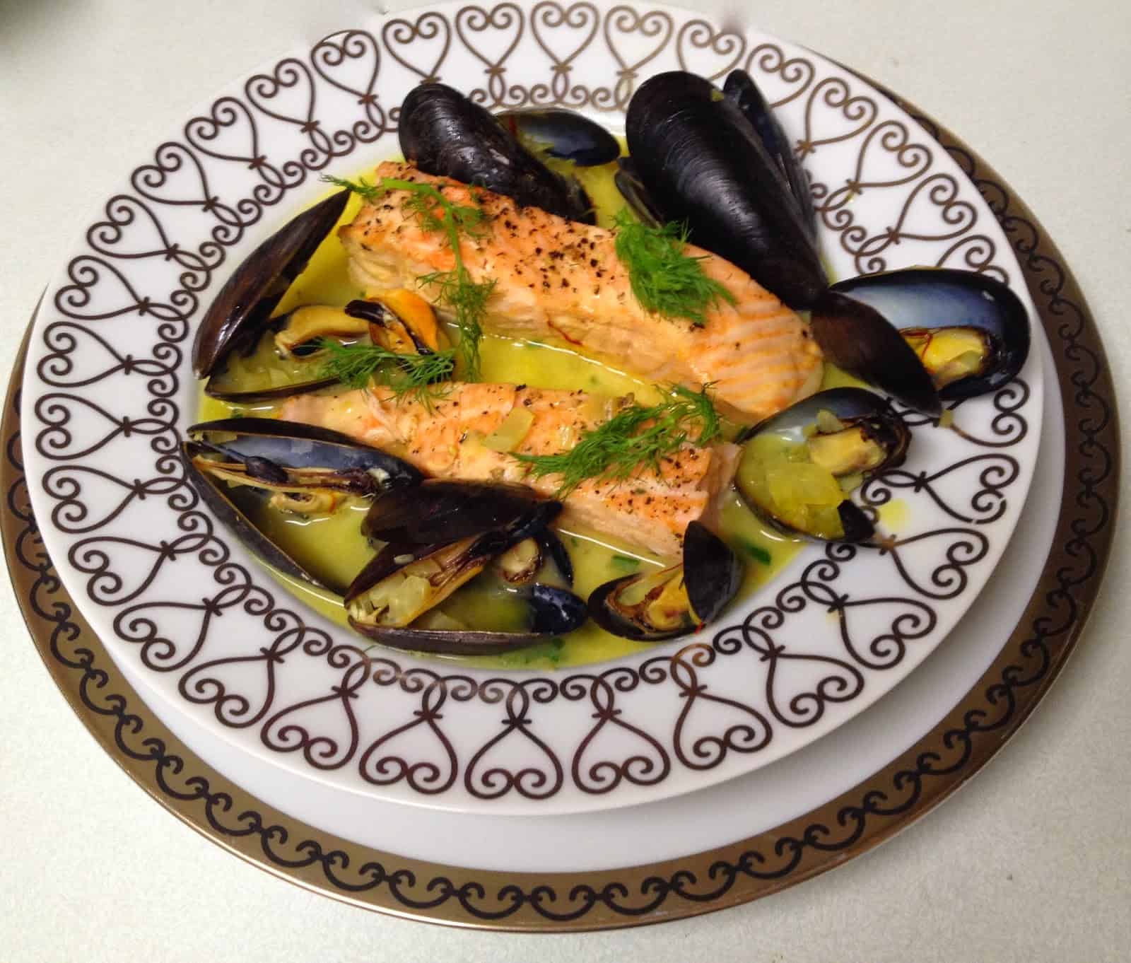 Poached Salmon with Saffron Sauce and Mussels