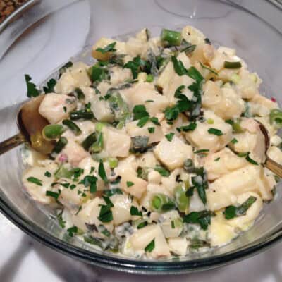Potato Salad with Garlic Scapes, Snap Peas and Scallions