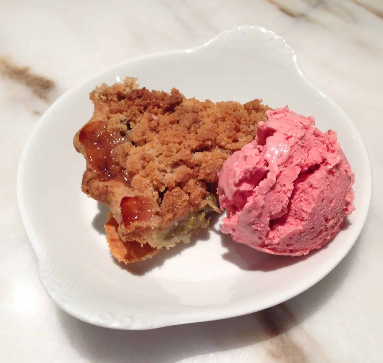 It’s the 4th of July! Time to make this glorious Rhubarb Crumble Pie with a scoop of Strawberry Sour Cream Ice Cream