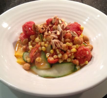 If it’s Meatless Monday, Zucchini Pappardelle Arrabiata with Corn, Chickpeas and Almonds ought to be on your table
