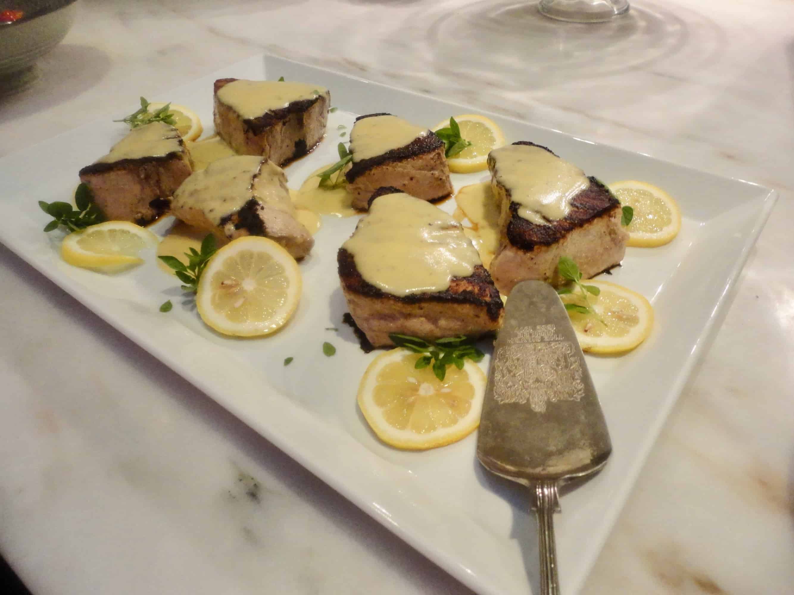 A salute to Anna Pump and her recipe for Grilled Fresh Tuna Steaks with Lemon Sauce