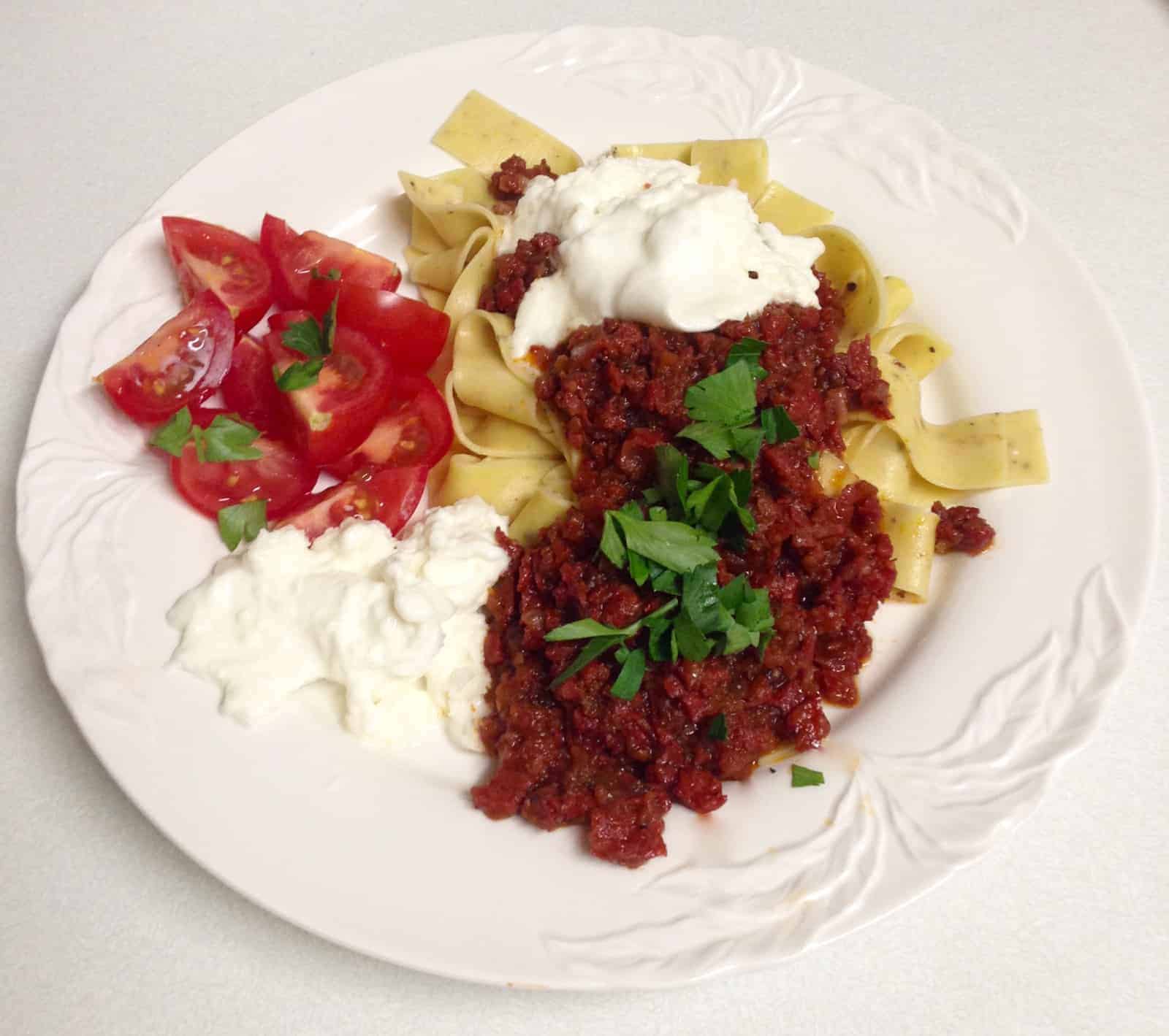 The World’s Fastest Pasta Sauce? Chorizo "Bolognese" with Buffalo Mozzarella adapted from Donna Hay