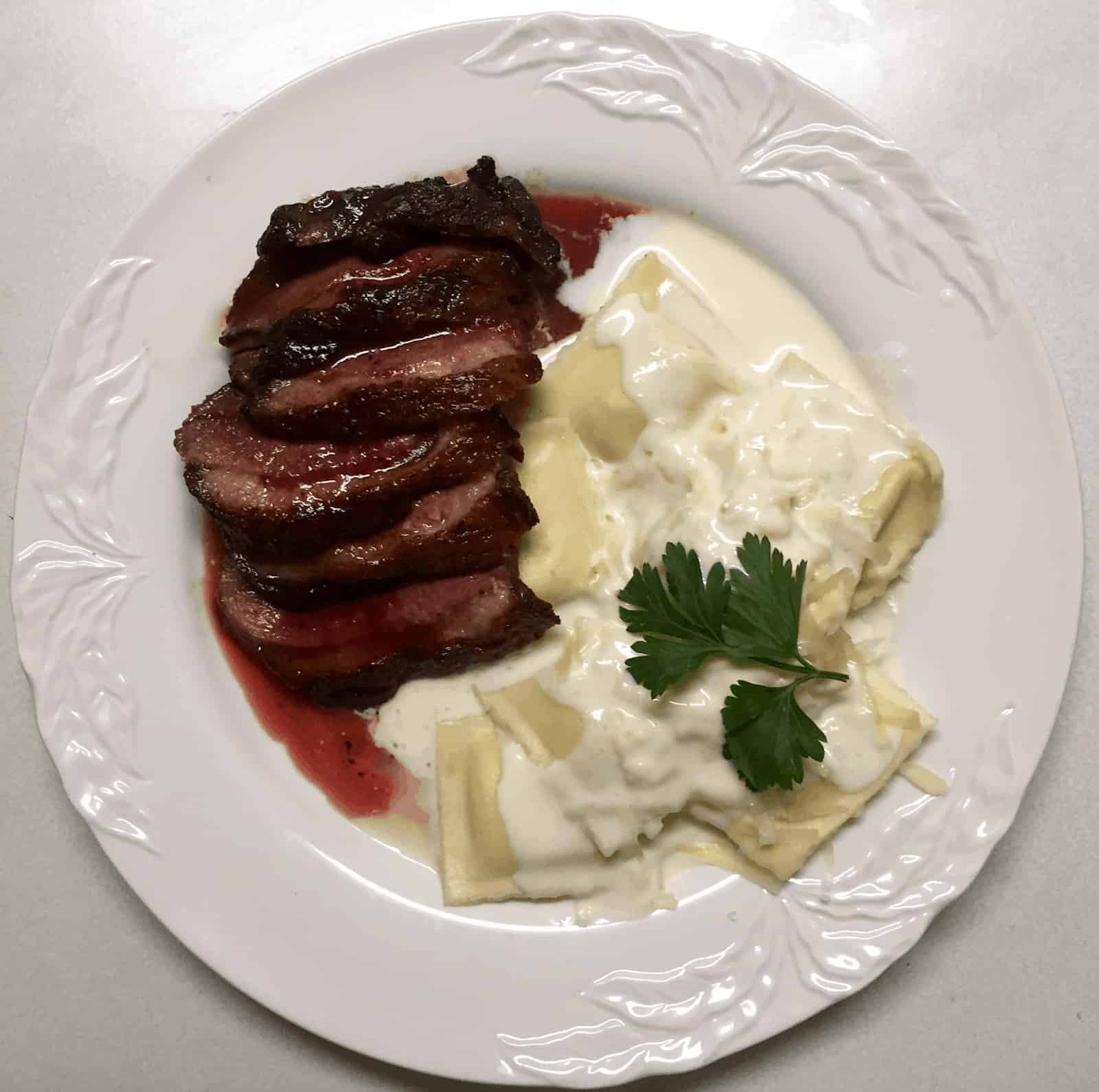 The Perfect Date Night Recipe: Seared Duck with Date Jus and Cheese Ravioli with Piave Sauce