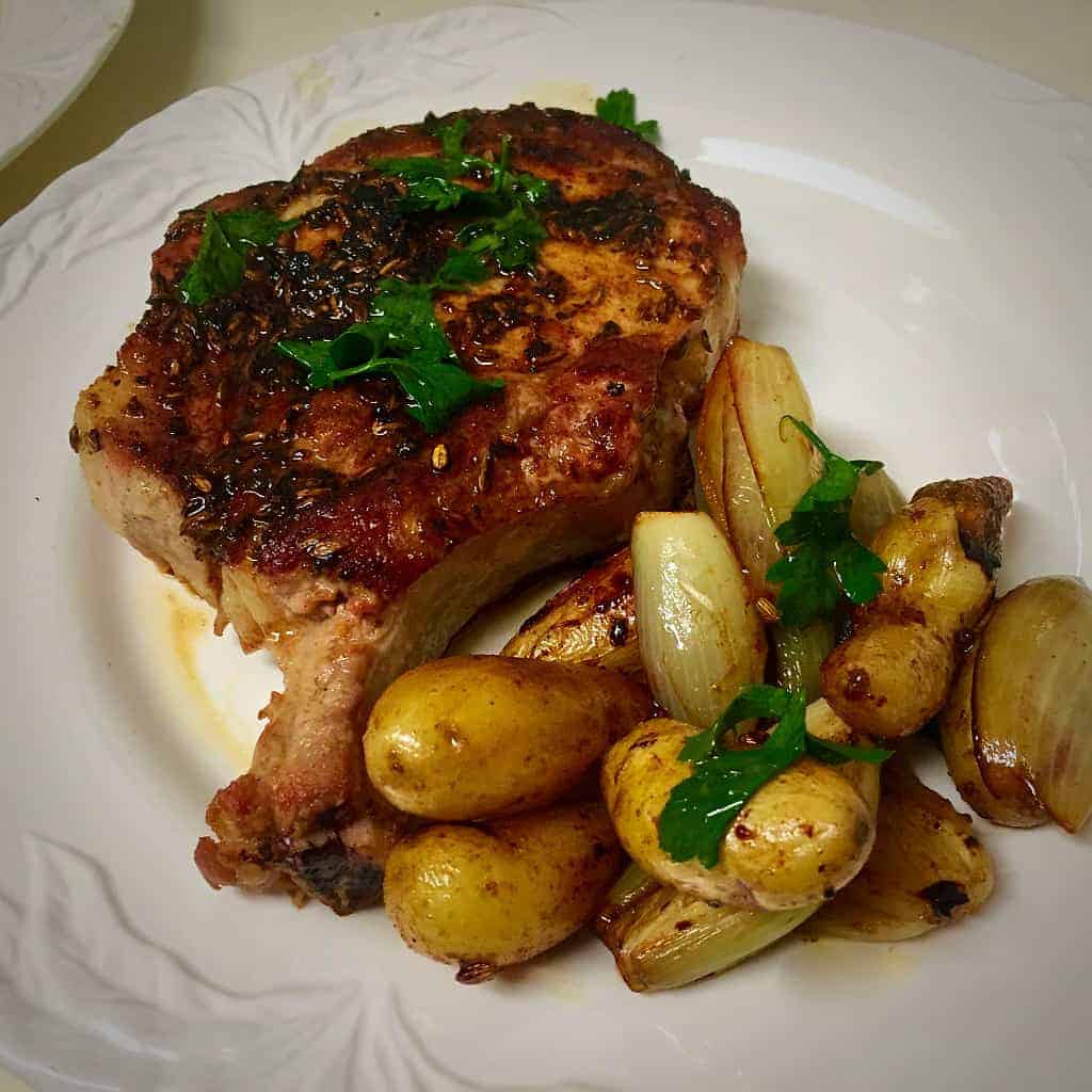 Fennel-Crusted Pork Chops with Shallots and Fingerling Potatoes
