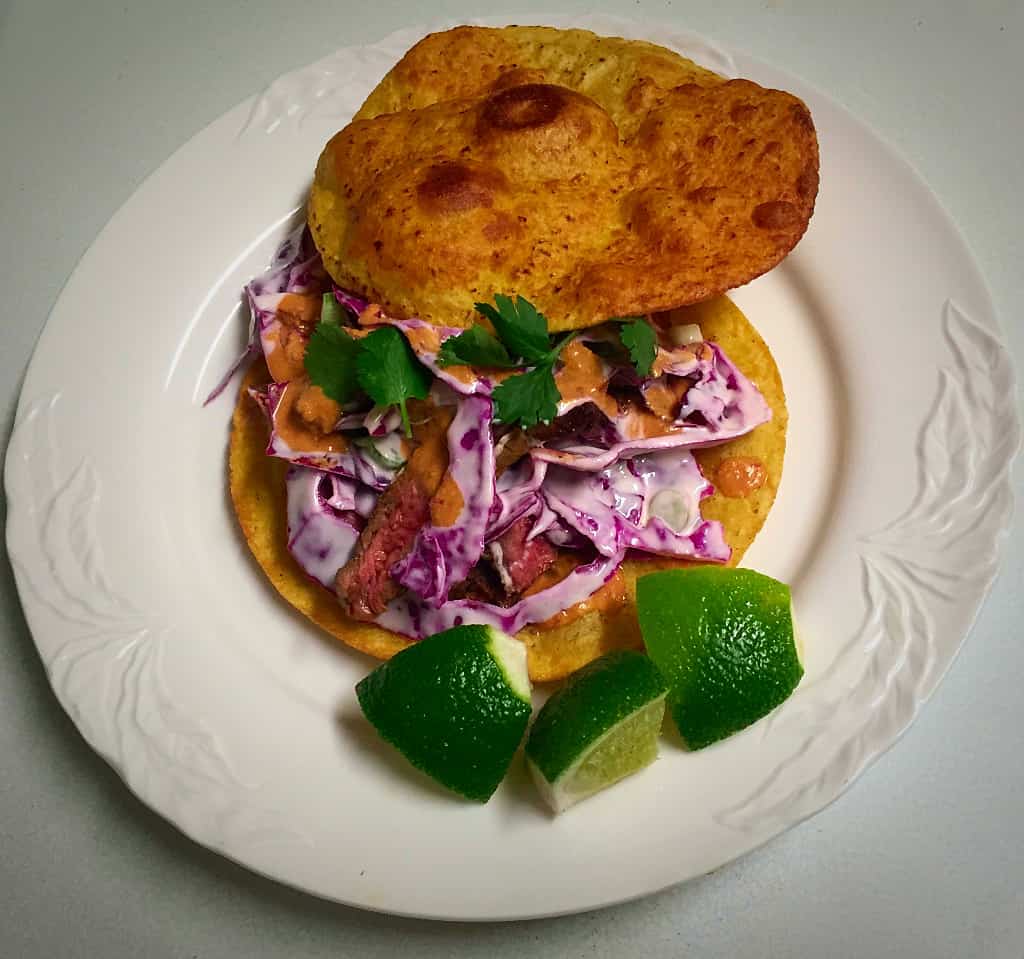 Steak Tostadas with Cashew Salsa and Red Cabbage Slaw