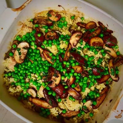 Baked Rice with Chicken and Mushrooms from David Tanis in the New York Times