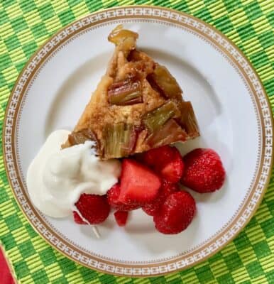 Dorie Greenspan’s Rhubarb Upside-Down Brown Sugar Cake with Fresh Strawberries and Crème Fraiche