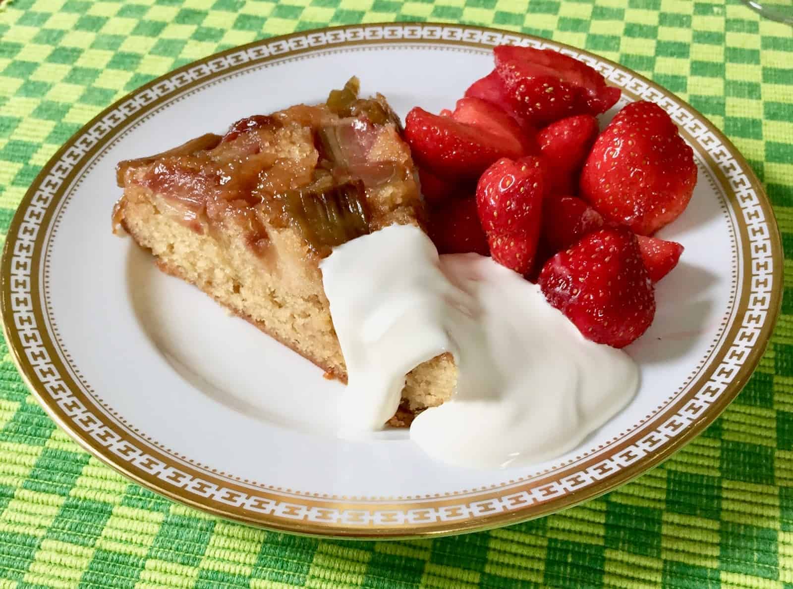 Dorie Greenspan’s Rhubarb Upside-Down Brown Sugar Cake with Fresh Strawberries and Crème Fraiche