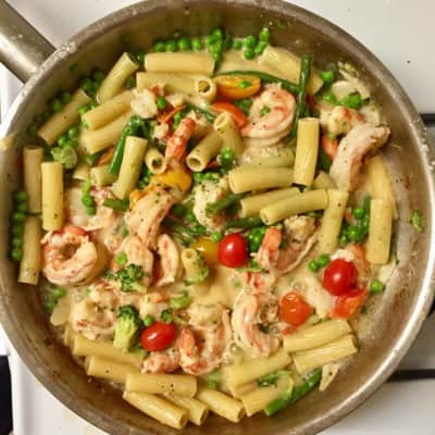 After the longest deep freeze in memory…a breath of Spring: Pasta Primavera with Pink Shrimp