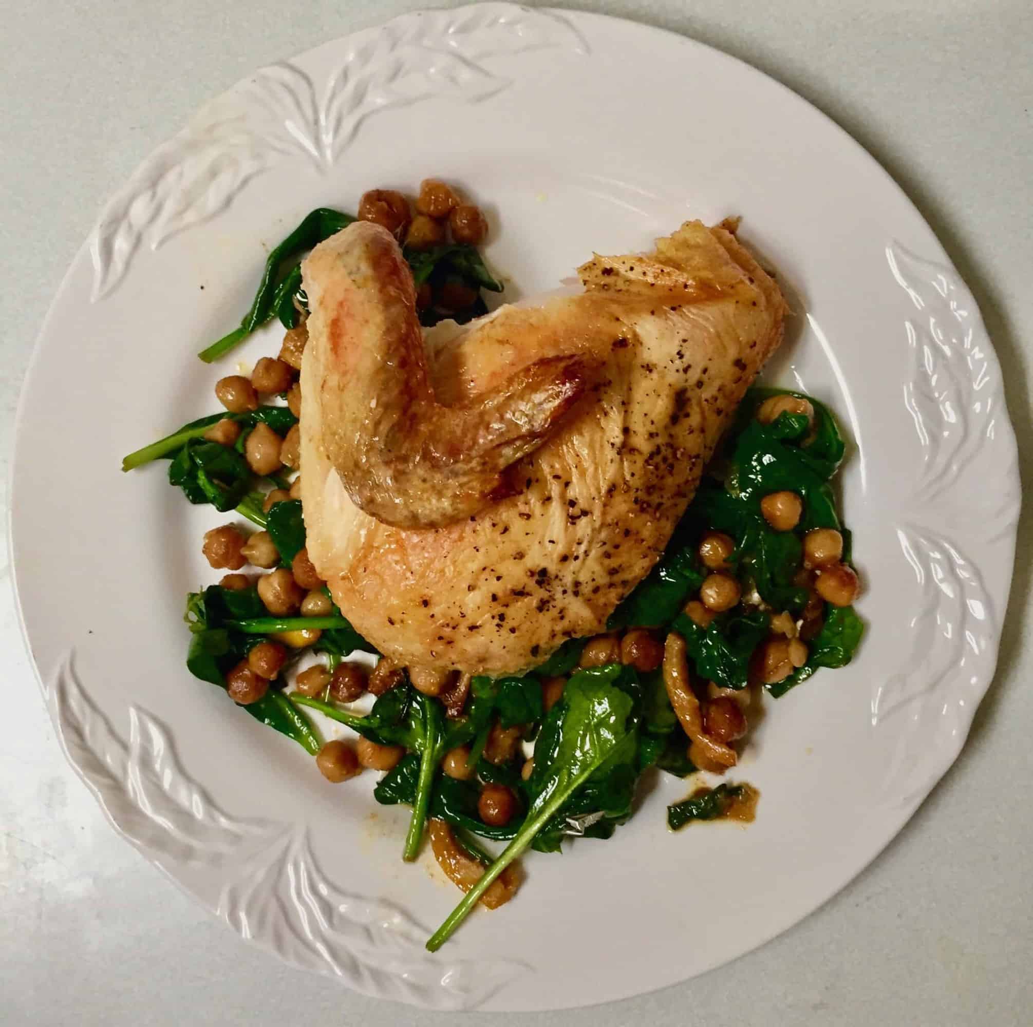 Roast Chicken on a Weeknight?  Yes!  Melissa Clark’s Smoky Paprika Chicken with Crispy Chickpeas, Roasted Lemon and Baby Spinach