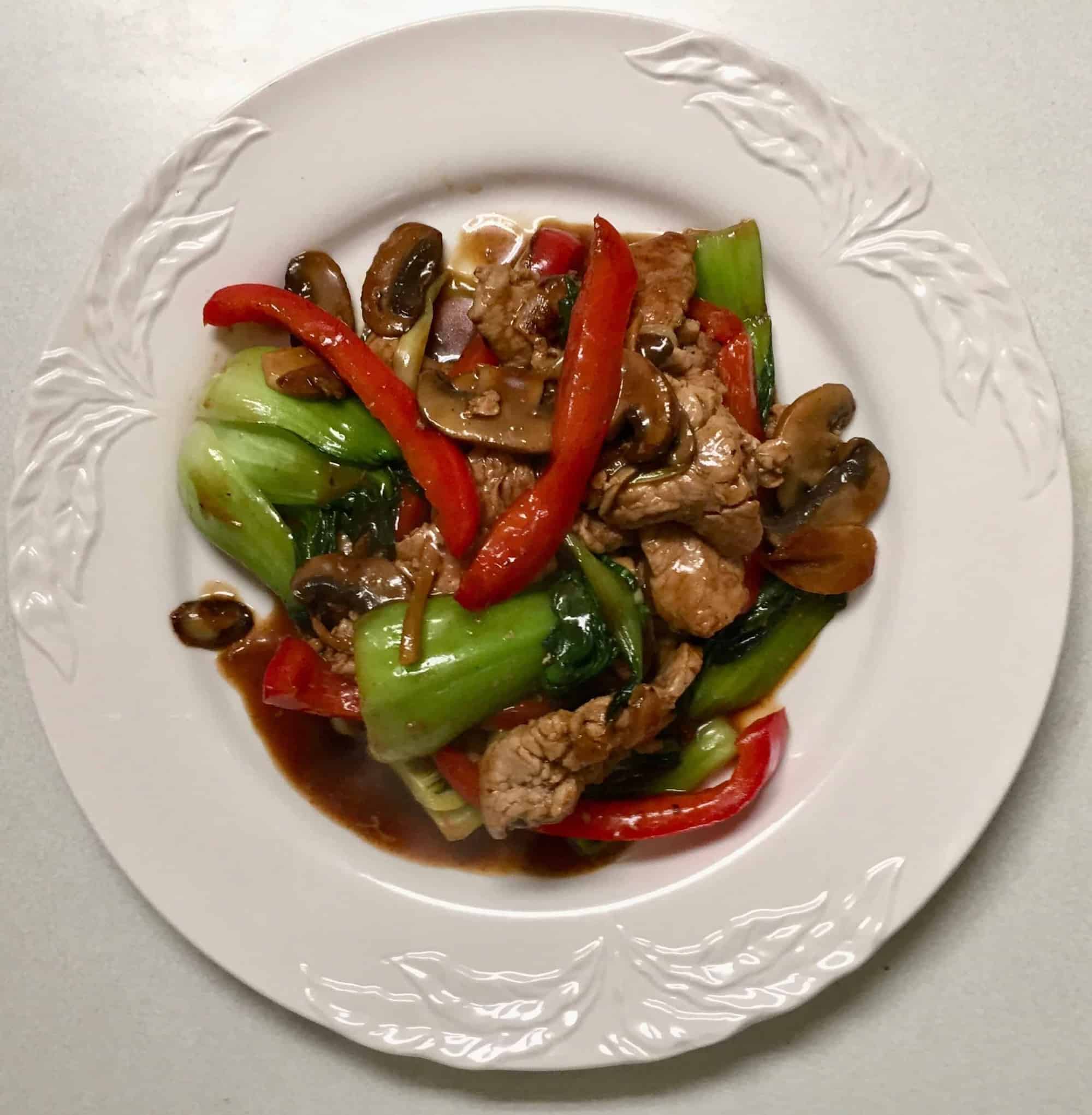 Pork Stir Fry with Bok Choy, Red Peppers and Mushrooms