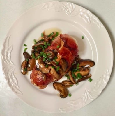 Prosciutto-wrapped Chicken Breasts stuffed with Black Truffle Goat Cheese, with Shiitake Mushrooms in a Marsala Sauce. Whew!