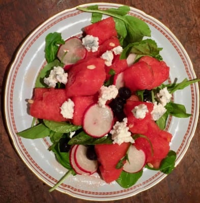Watermelon Blueberry and Radish Salad with Laura Chenel’s Goat Cheese Medallions