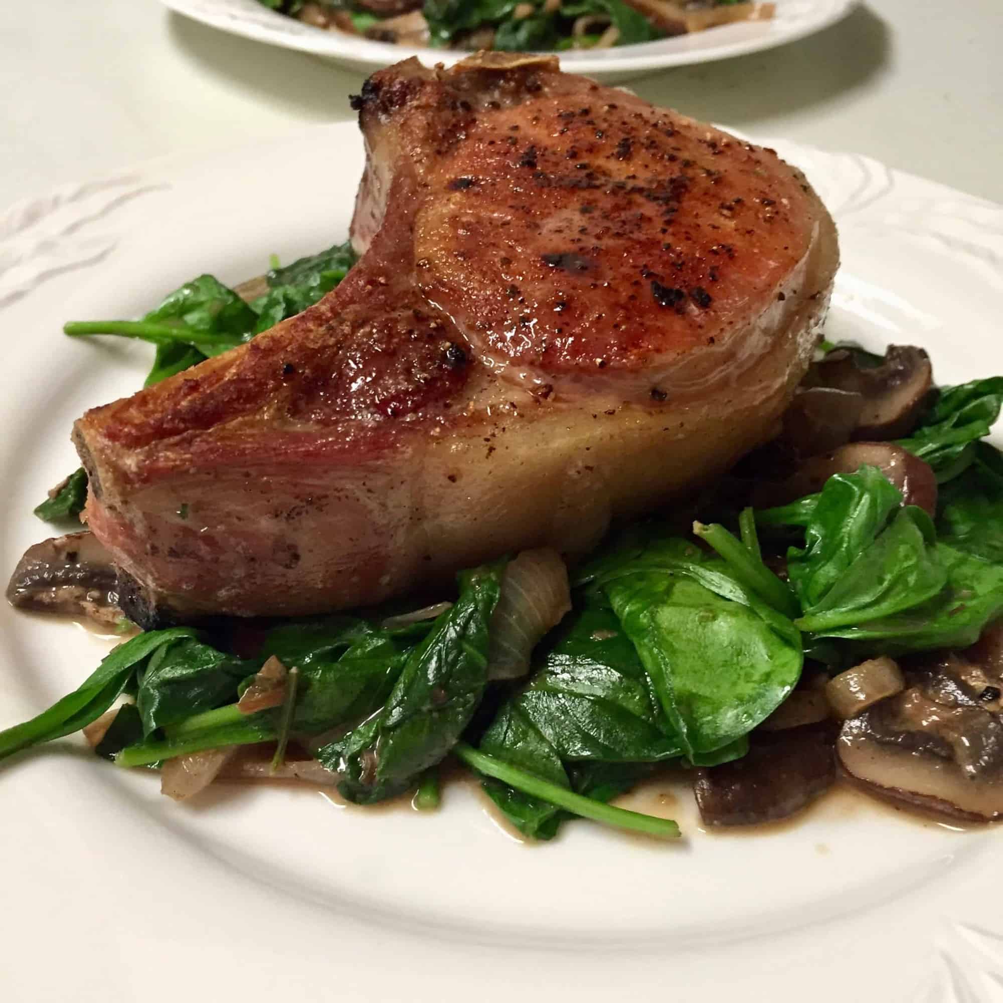 Thick Cut Pork Chops with Mushrooms, Shallots and Spinach