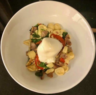 Orecchiette with Sausage, Peppers, Baby Spinach and Burrata