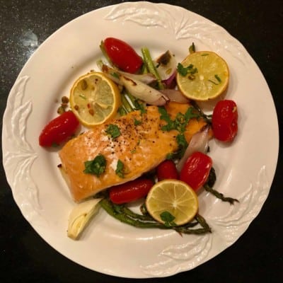 From “Sheet Pan Suppers*” Roasted Salmon with Asparagus and Pistachio Gremolata