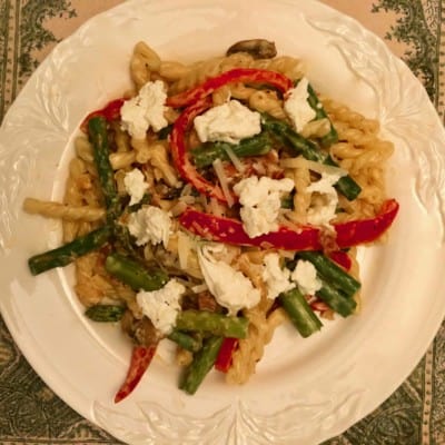 Solidarity Pasta…with Asparagus, Red Pepper and Burrata.