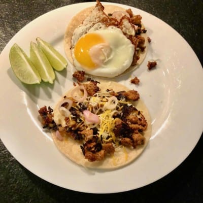 Chorizo Breakfast Tacos with Potato Hash and Fried Eggs