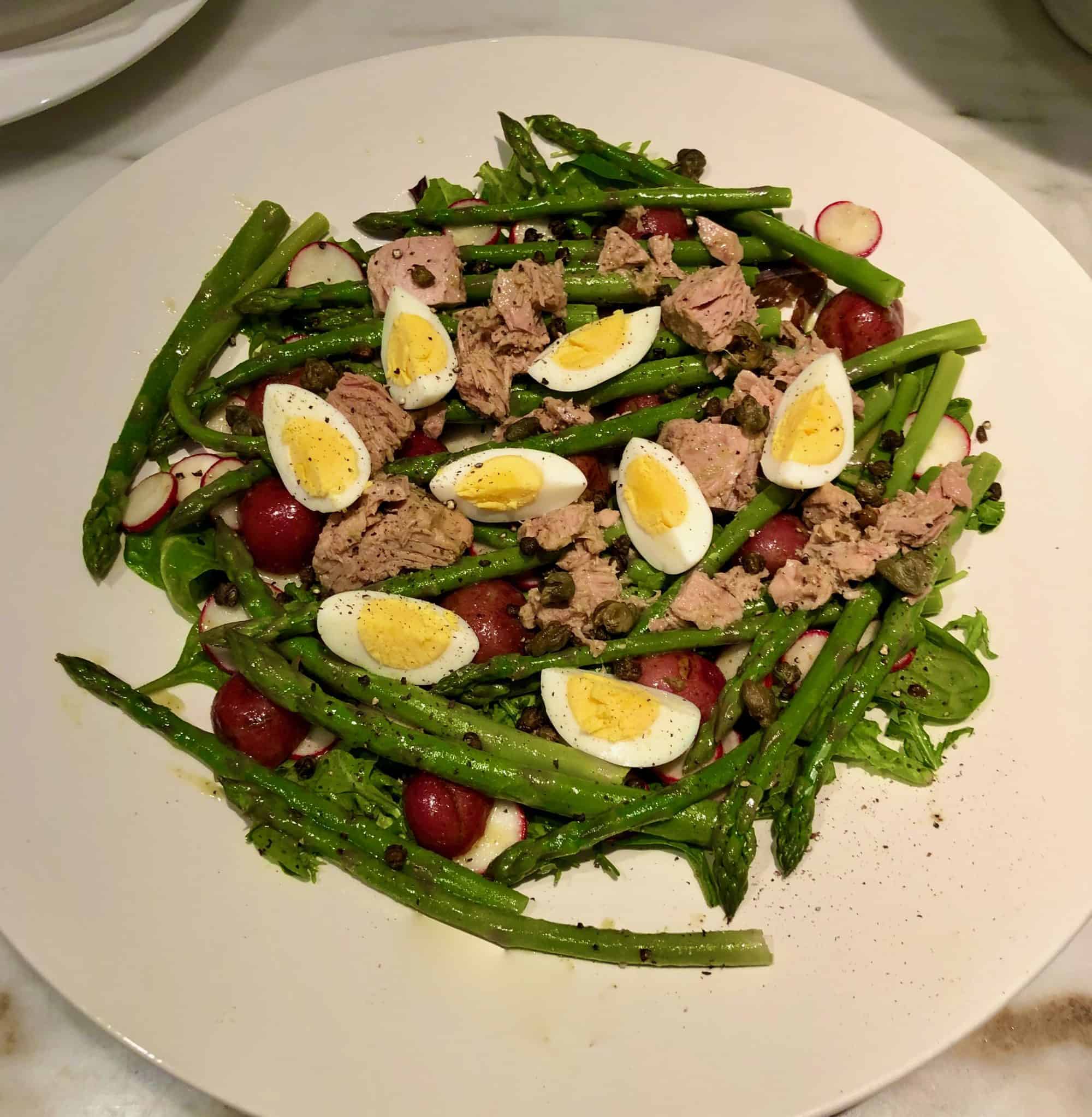 Not quite Niçoise: Tuna, Asparagus and New Potato Salad  with Chive Vinaigrette and Fried Capers