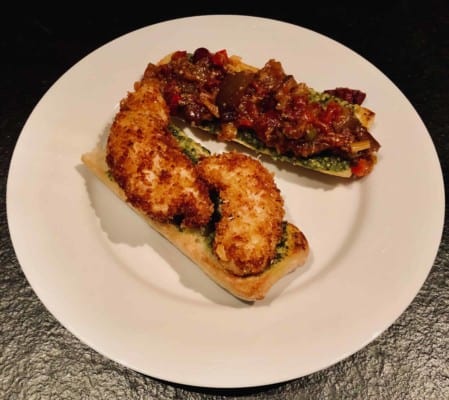 Make one, make all: Parmesan-Crusted Chicken, Caponata, and Pesto Baguettes