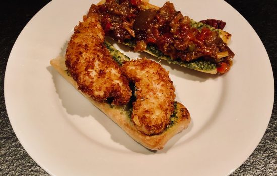 Make one, make all: Parmesan-Crusted Chicken, Caponata, and Pesto Baguettes