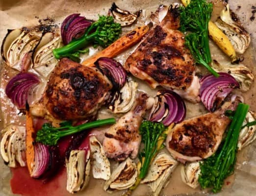 Garlicky Lemon Sheet Pan Chicken with Carrots, Onions, Fennel and Broccolini