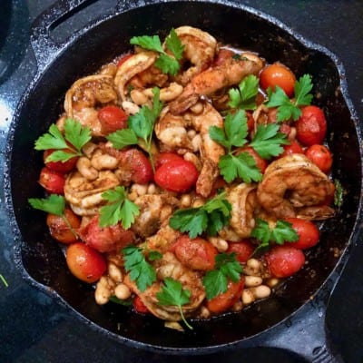 Chili-Lime Marinated Shrimp with Cannellini Beans and Blistered Grape Tomatoes