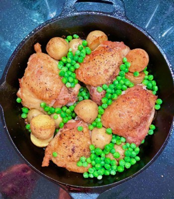 One Skillet Chicken Thighs, Potatoes and Summer Vegetables with a Shallot Vinaigrette.