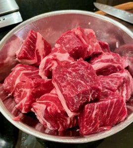 Bowl with Cubes of Raw Beef
