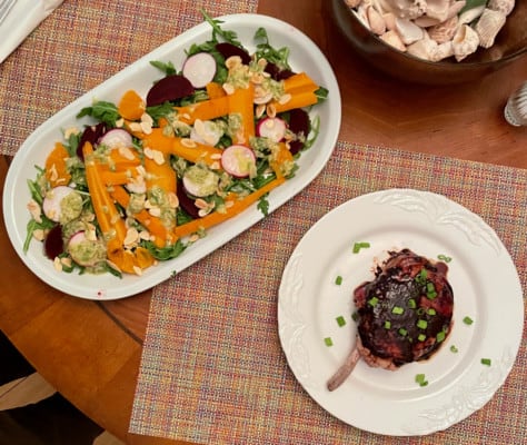 Dinner Date: Shaved Beet and Carrot Salad With Citrus-Scallion Dressing and Honey-Chile Pork Chops