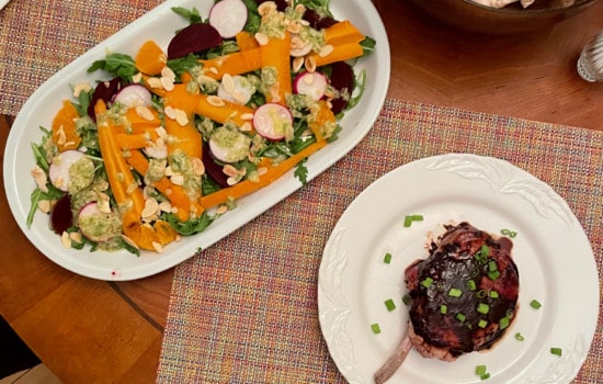 Dinner Date: Shaved Beet and Carrot Salad With Citrus-Scallion Dressing and Honey-Chile Pork Chops