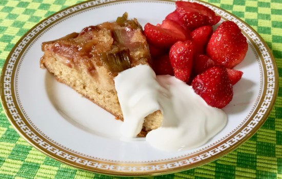Dorie Greenspan’s Rhubarb Upside-Down Brown Sugar Cake with Fresh Strawberries and Crème Fraiche