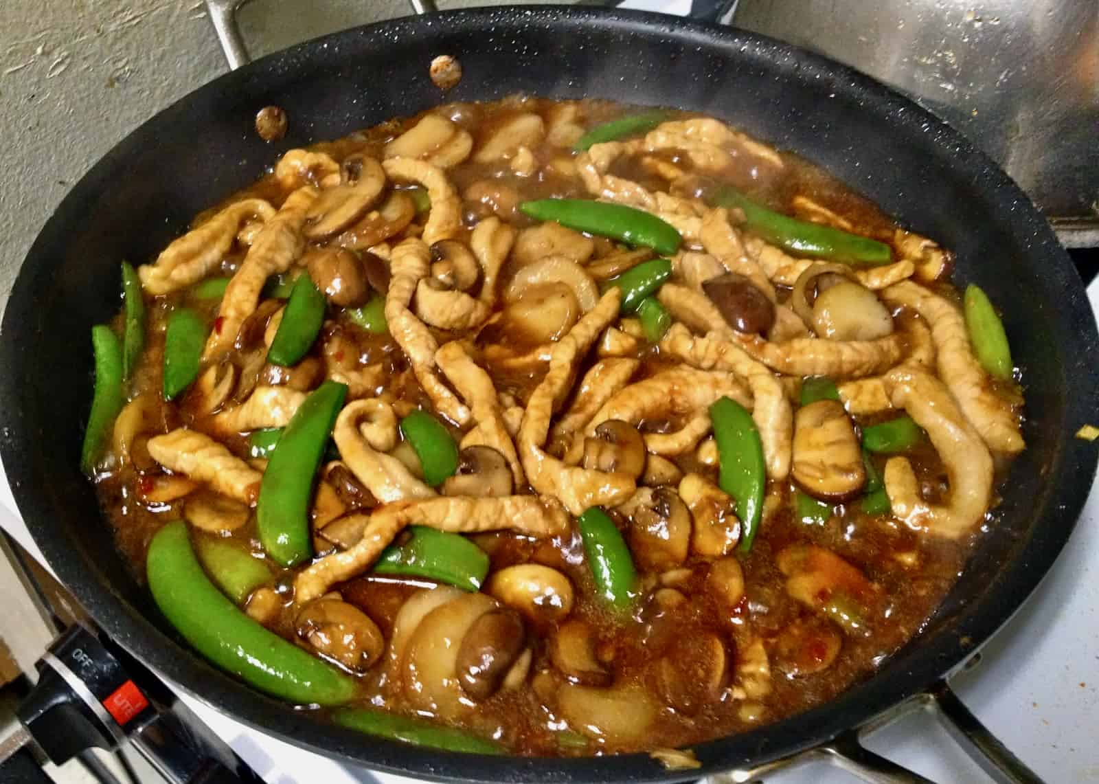 Sichuan Pork in Garlic Sauce with Mushrooms, Water Chestnuts and Snap Peas