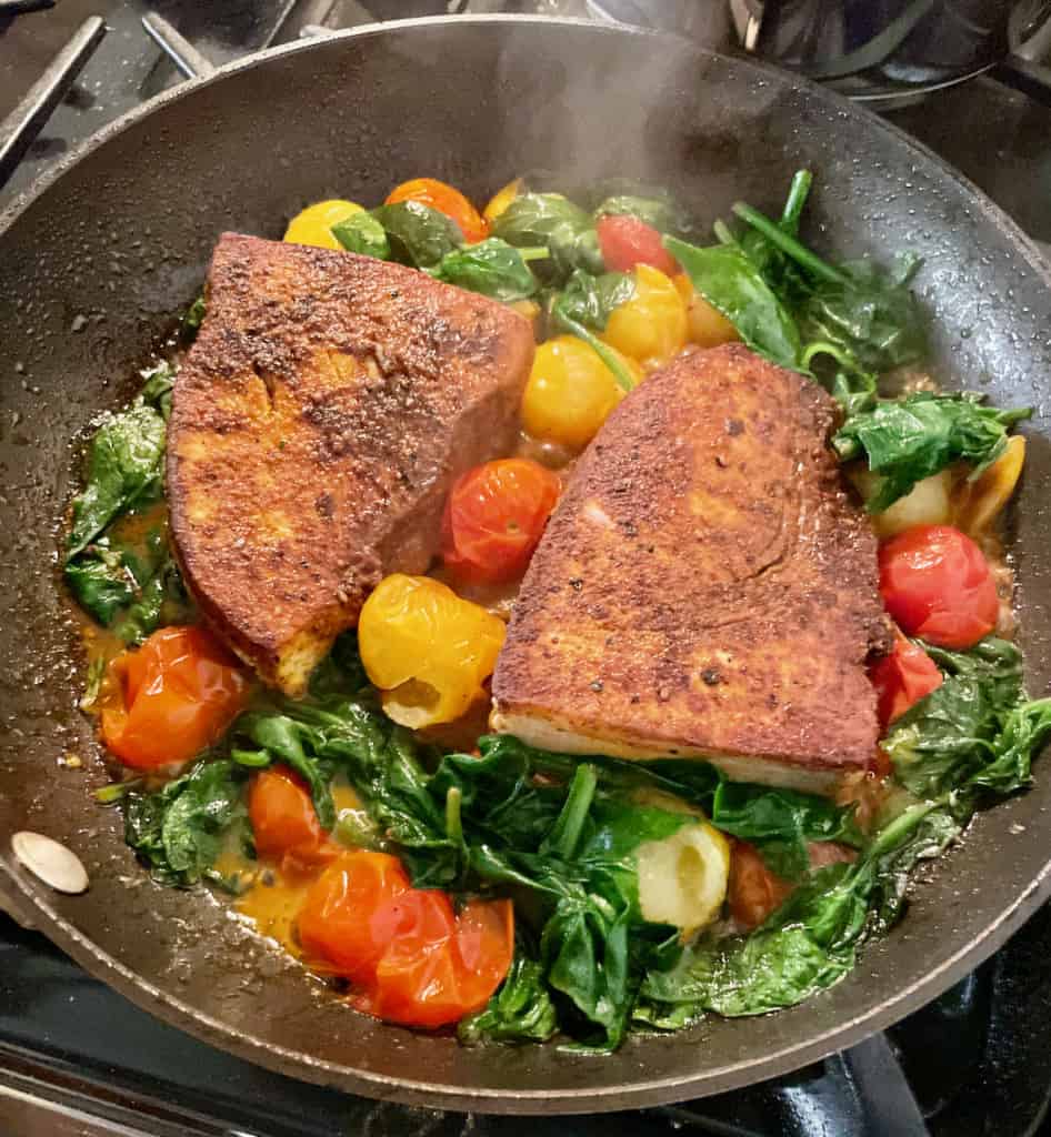 Curried Swordfish With Roasted Tomatoes, Spinach and Garlic Toast C H